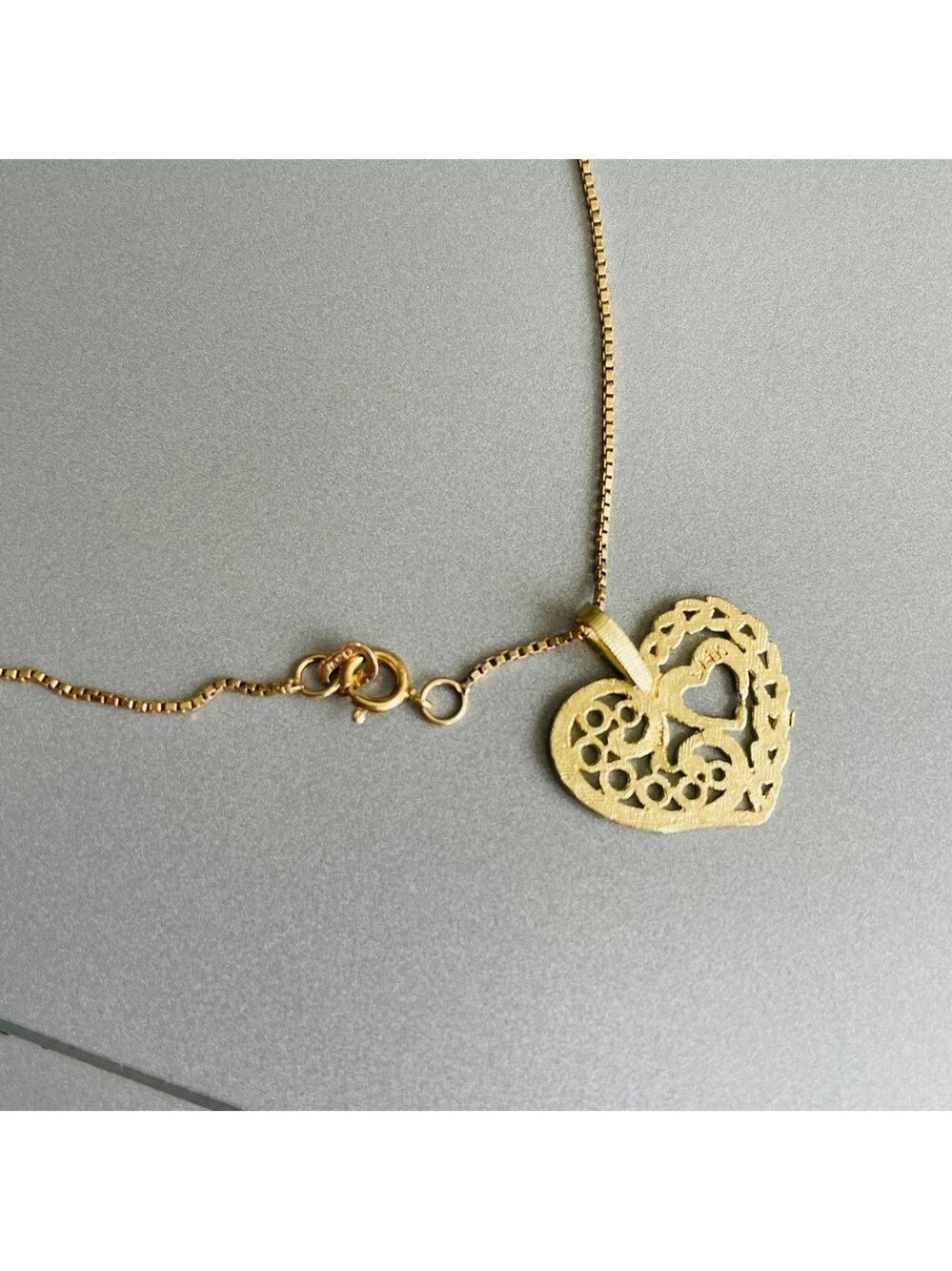 14k Yellow Gold Diamond Cut Ornate Open Heart Charm Pendant Necklace - Picture 5 of 8